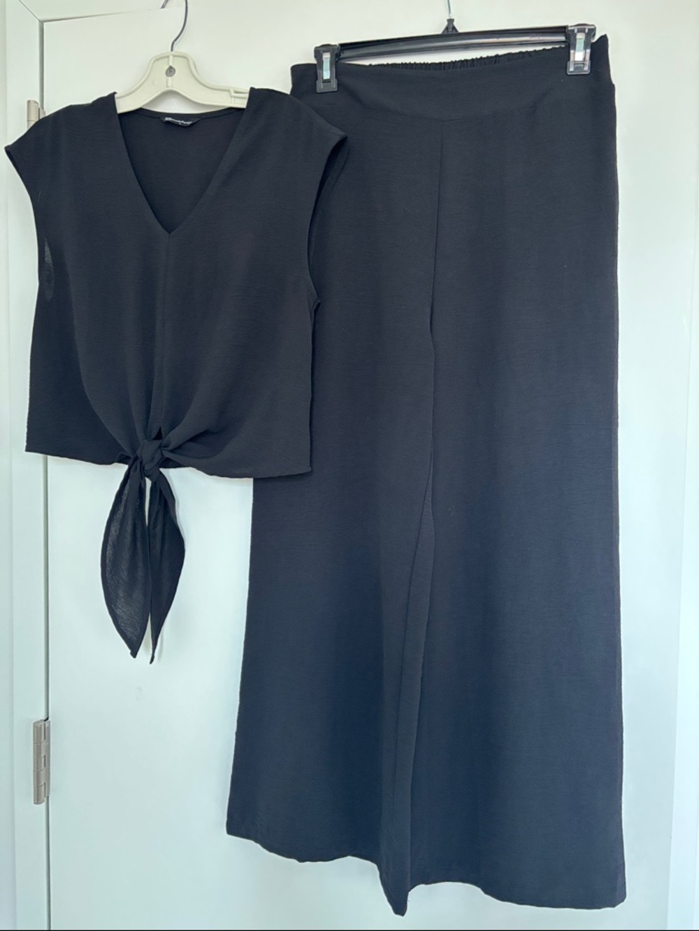 2 Piece Black Wide Leg (stretch waste) with Tie-Front Top - Women's Set